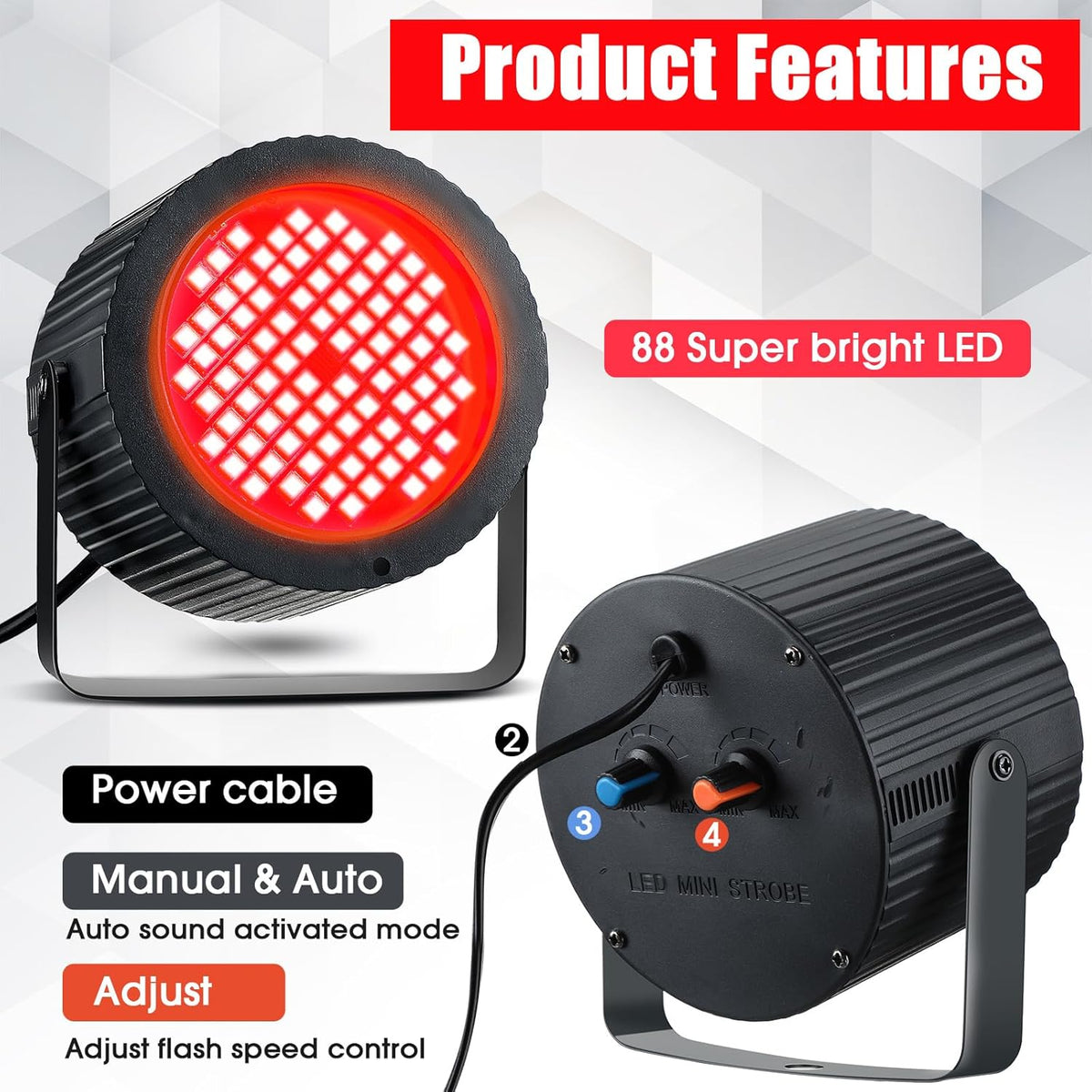 Funtery 2 Pcs Bright White Strobe Light 88 LEDs Flash Party Lighting Speed and Sound Modes Flashing