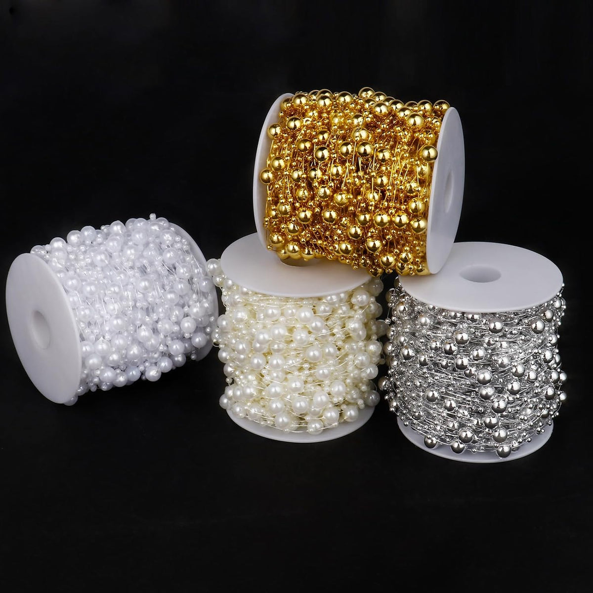 98FT Pearl Beads String Garland, 8mm 3mm Silver Faux Pearl Beads Roll Strand Bulk for Wedding Party