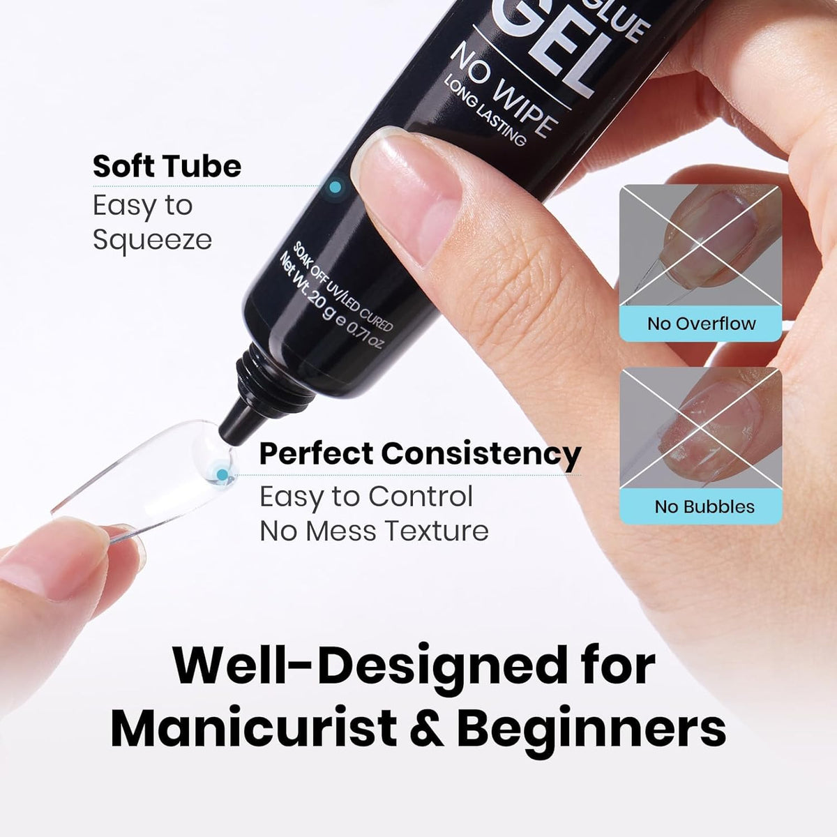 Beetles 20g Solid Nail Glue Gel - No Wipe, Hands-Free Soft Nail Tips Glue for Fake Acrylic Nails