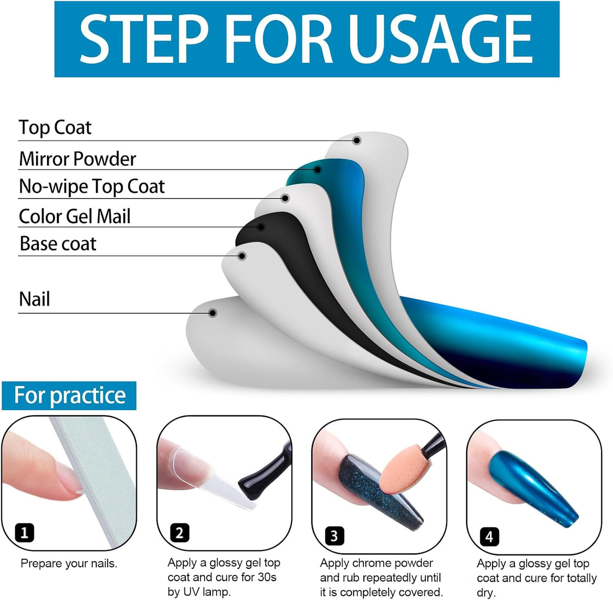 Artdone Chrome Nail Powder, Azure Iridescent Aurora Powder Metallic Mirror Effect Pigment