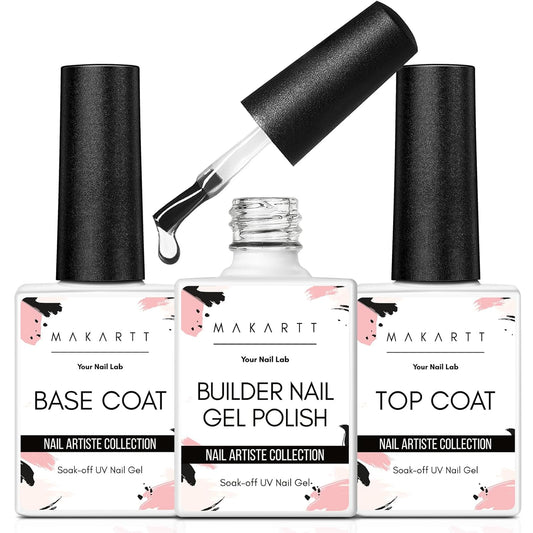 Makartt 3Pcs Builder Nail Gel with Top and Base Coat, Clear Gel Builder Kit for Nails Apex Building
