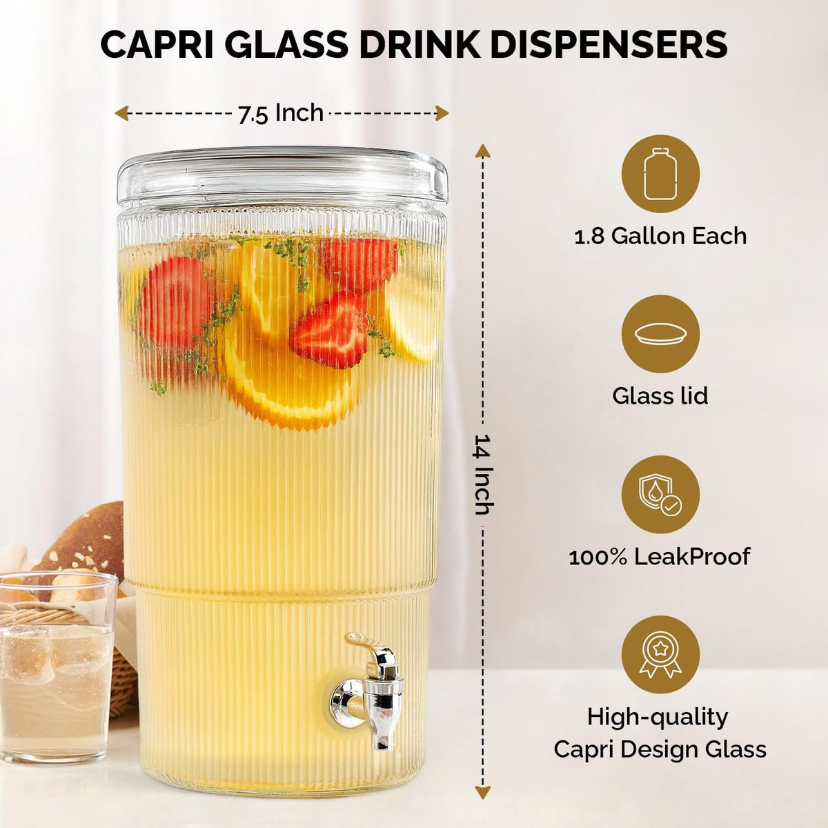 2-PACK Capri Drink Dispenser - Glass Beverage Dispenser, 100% Leakproof Spigot Perfect For Parties