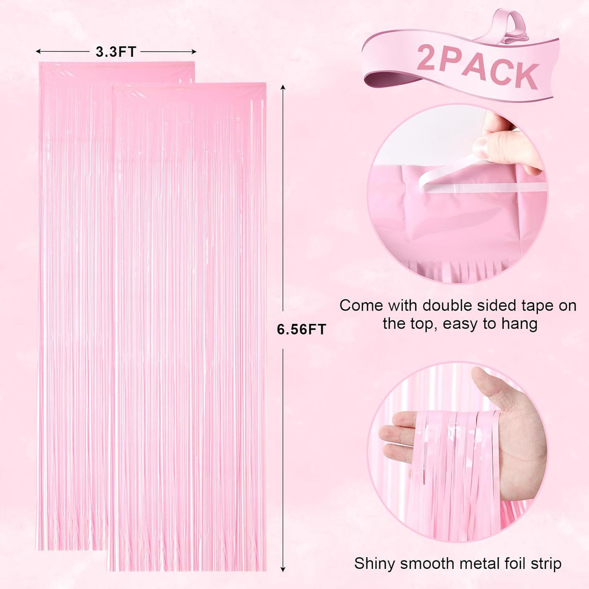 2 Pack Pastel Pink Tinsel Foil Fringe Curtains, Pink Party Decorations, Metallic Tinsel Party