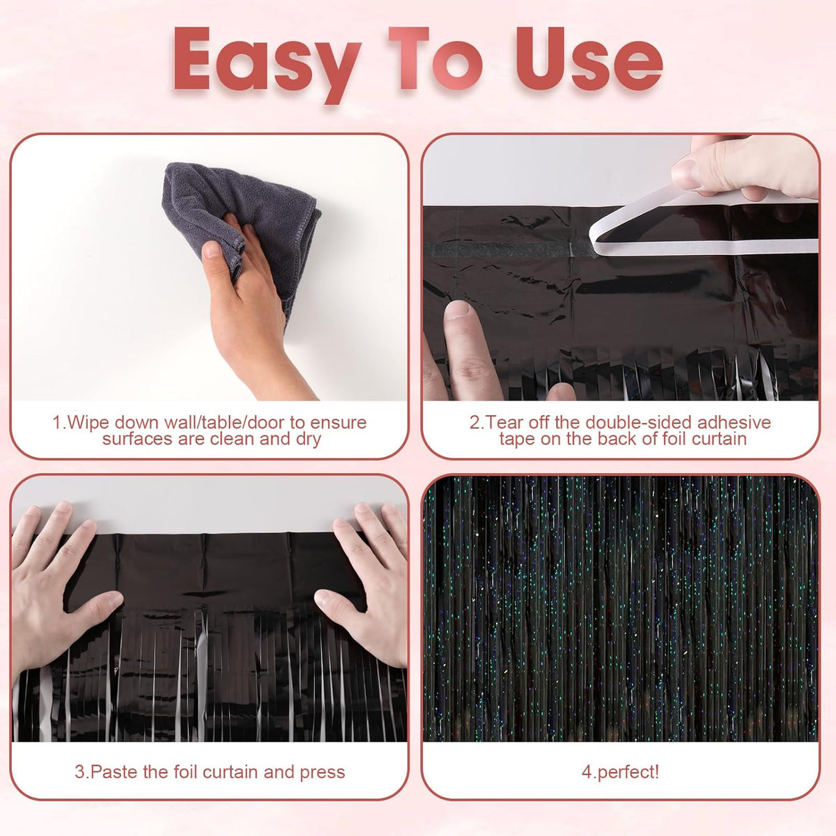 2 Pack Laser Black Tinsel Foil Fringe Curtains, Black Party Decorations, Metallic Tinsel Party