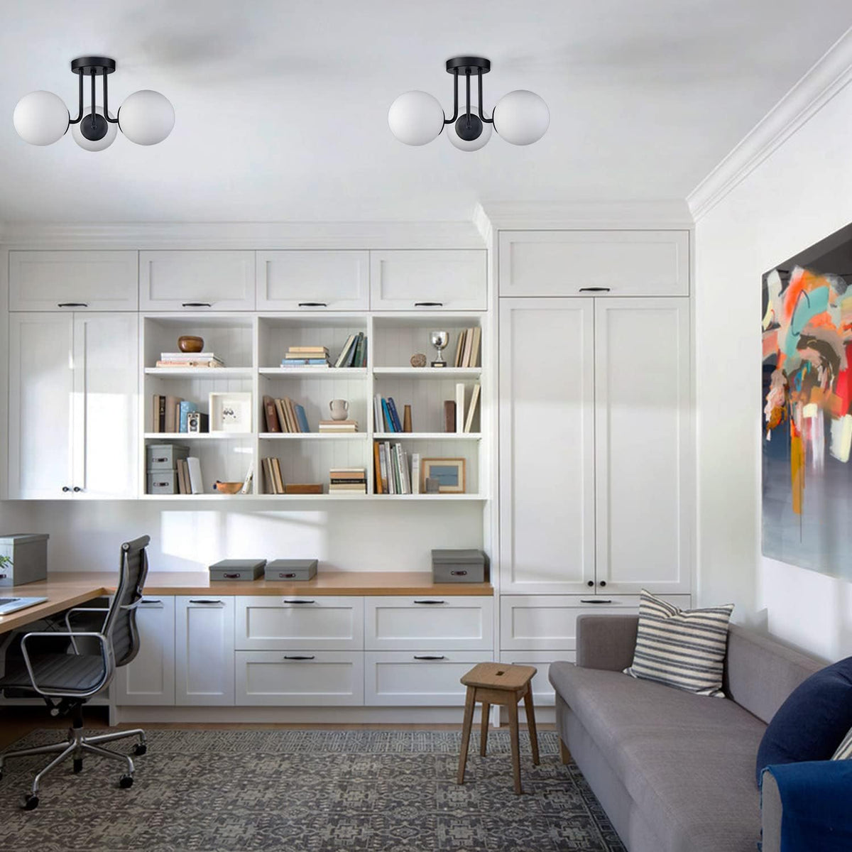 3-Light Modern Black Metal Semi Flush Mount Ceiling Light with White Globe Glass Shade Ceiling