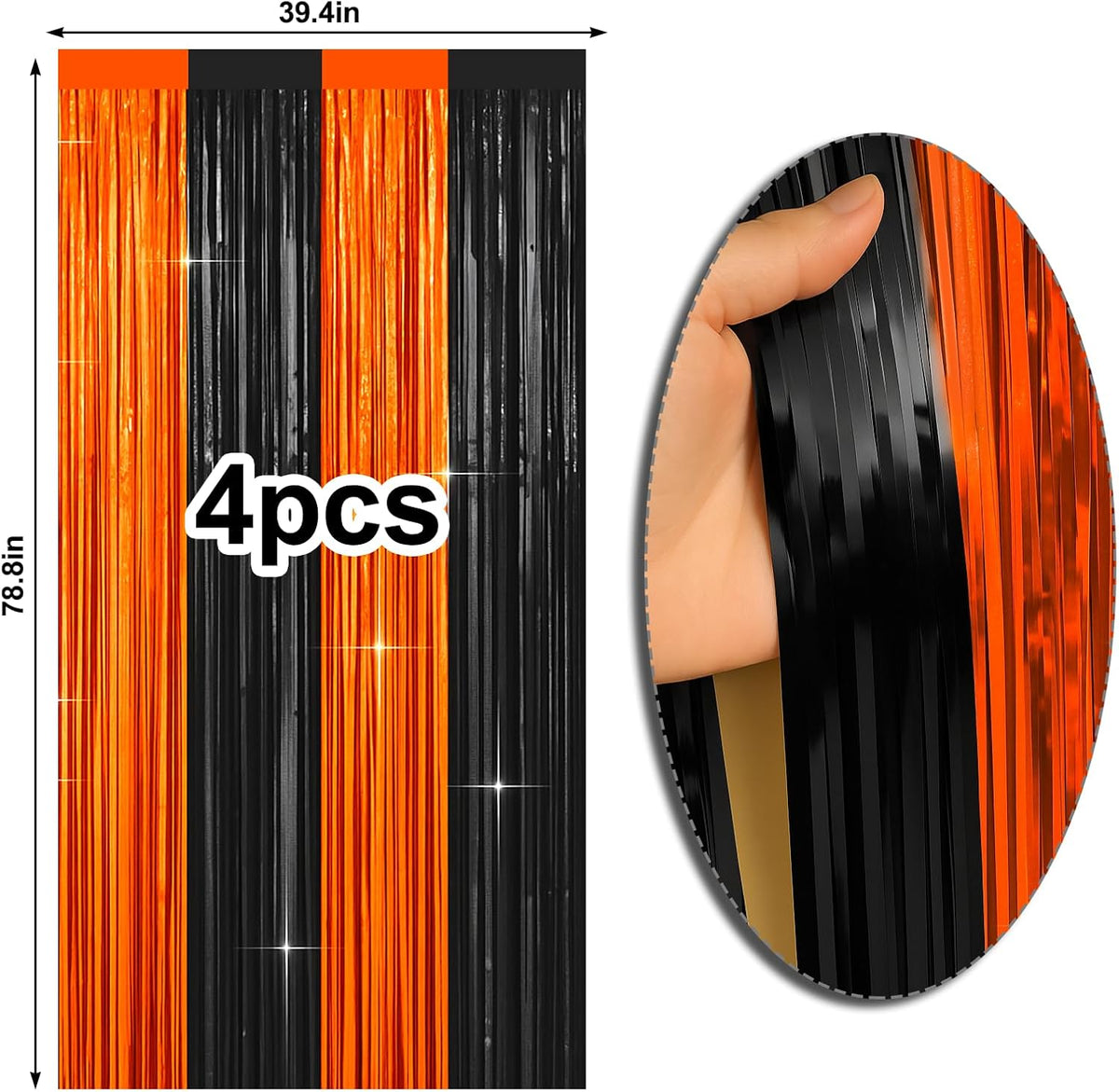 4 Packs Halloween Foil Fringe Curtain, Orange and Black Metallic Tinsel Backdrop for Birthday, Baby