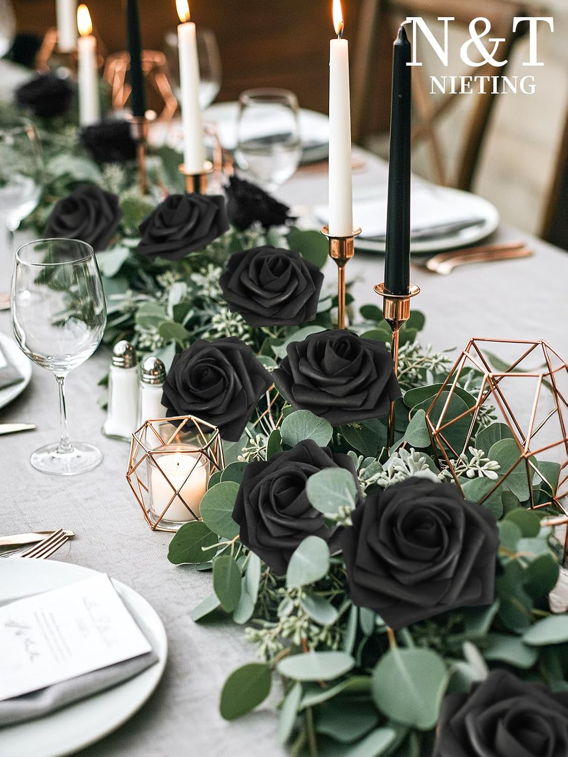 N&T NIETING Artificial Flowers Black Rose 50pcs Real Touch Flowers Perfect for for DIY Bouquets