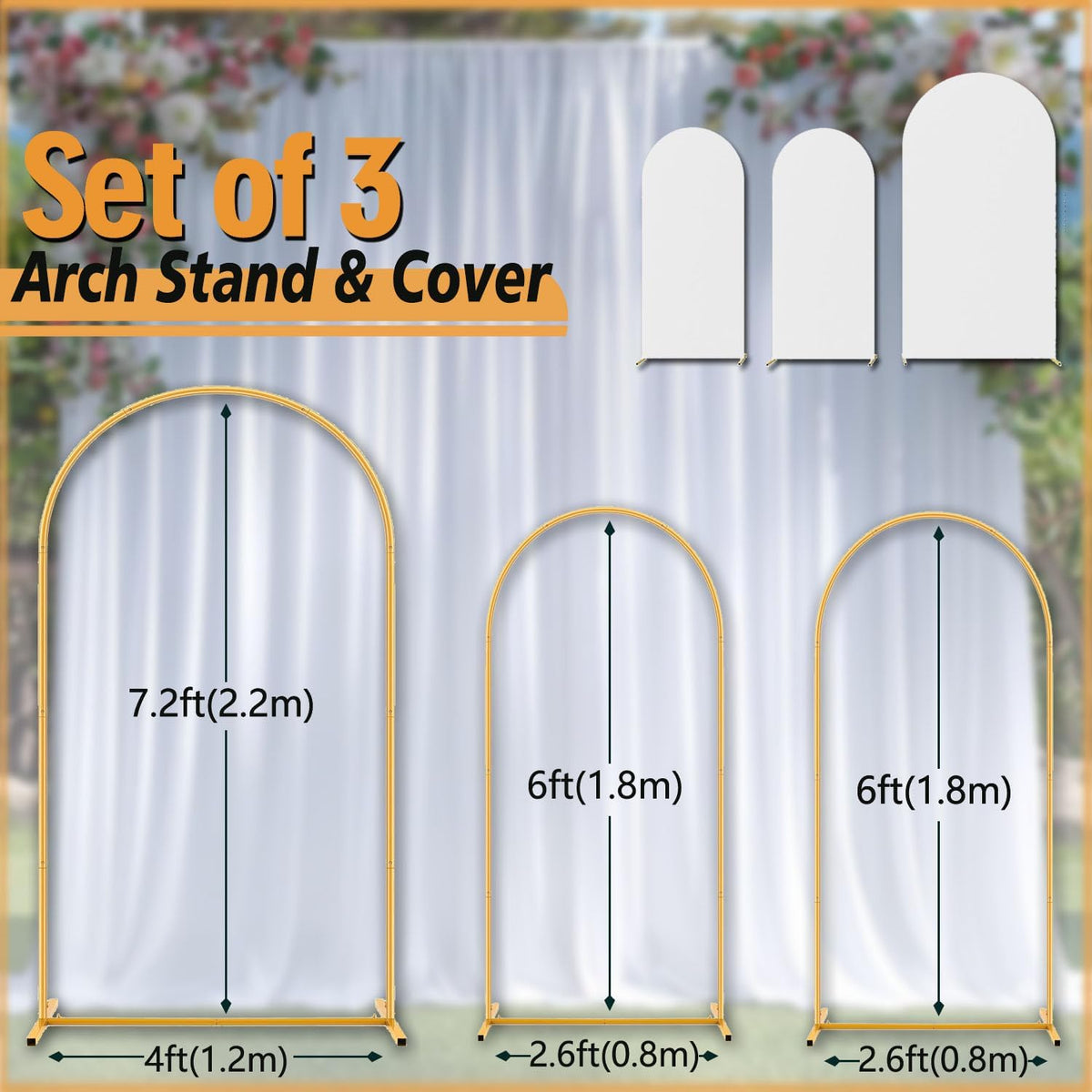 Arch Backdrop Stand Set with Cover,(7.2ft,6ft x 2) Arched Frame Stand & Spandex Wedding Arch Cover