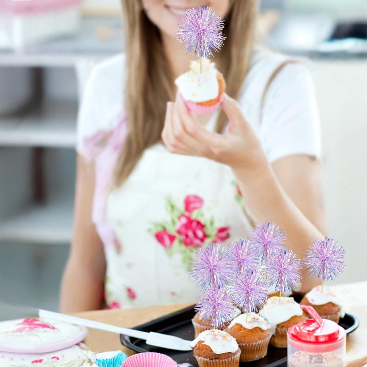 Gyufise 30Pcs Foil Firework Cupcake Toppers Sparkle Tinsel Cake Toppers Tinsel Drink Cake
