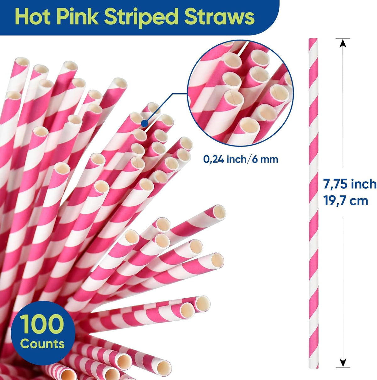 7.75 inch Hot Pink Striped Paper Straws for Drinking - Unwrapped, 100 Counts - for Party, Wedding