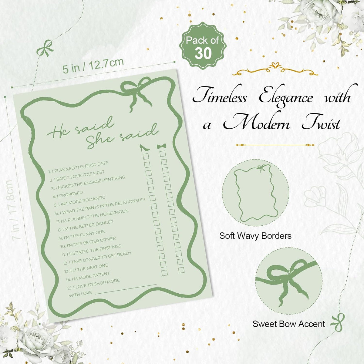 DEEKA 30 PCS Bridal Shower Games Card for 30 Guests Sage Green Wavy Border Ribbon Bow Funny Wedding