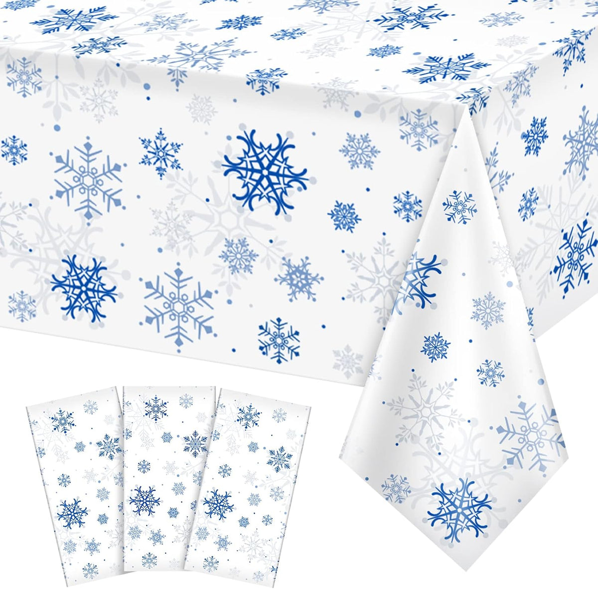 3 Pieces Snowflake Christmas Party Tablecloth Decorations,Plastic White Snowflake White Blue Xmas