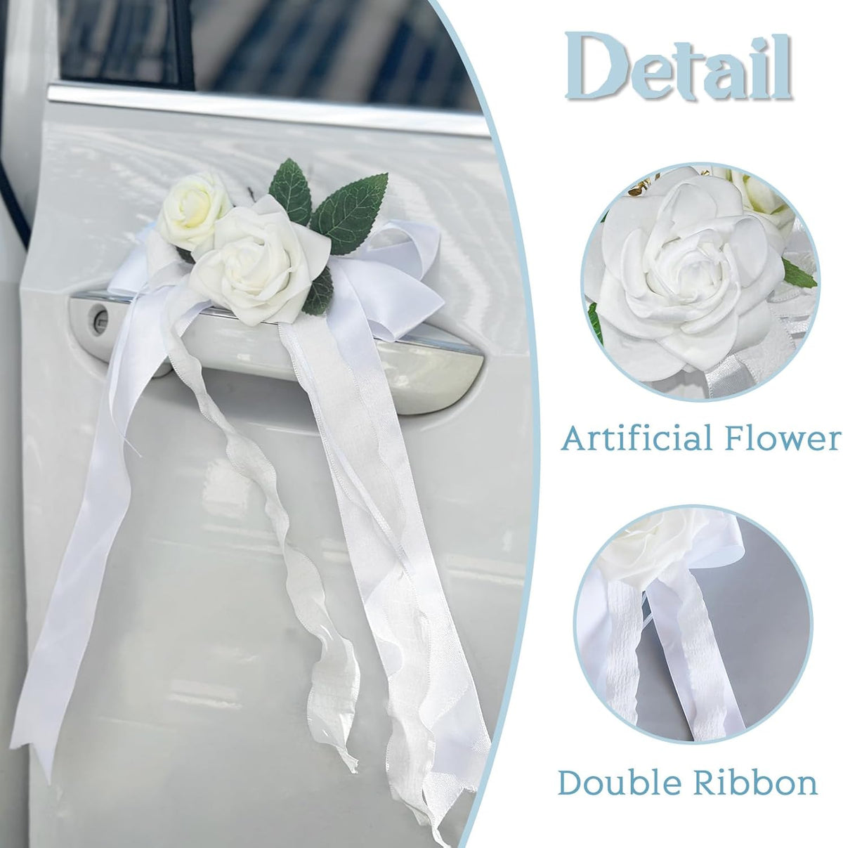 4PCS Wedding Car Door Handle Decorative Flowers, White Artificial Cars Bouquet Flower Bowknot