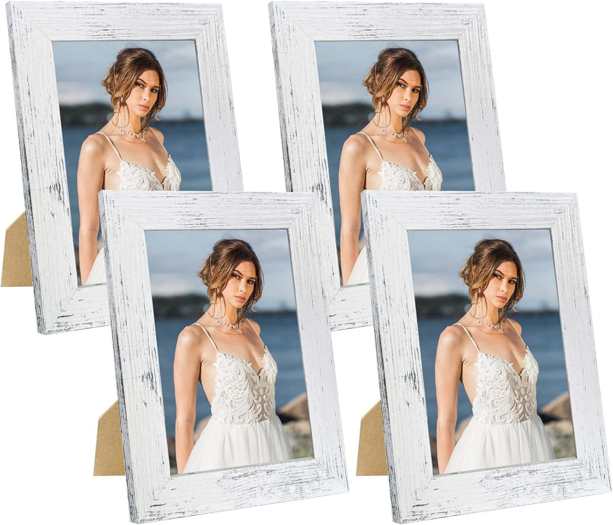 5x7 Picture Frame Set of 4, High Definition Glass Distressed White Frame, 5 x 7 Wood Photo Frames
