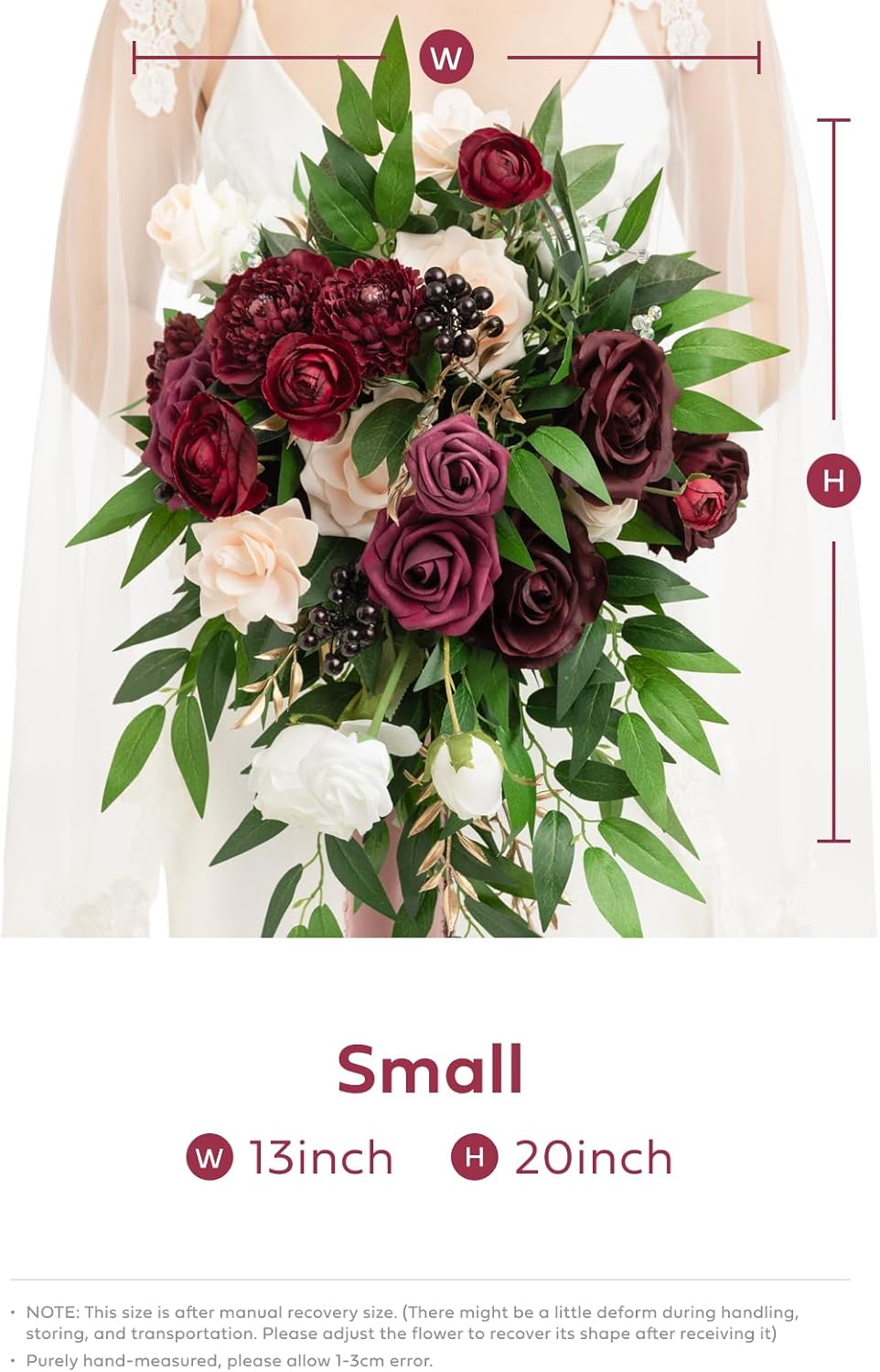 Ling's moment Burgundy Bridal Bouquet Cascading, Marsala Wedding Bouquets for Bride, 13 Inch Bride