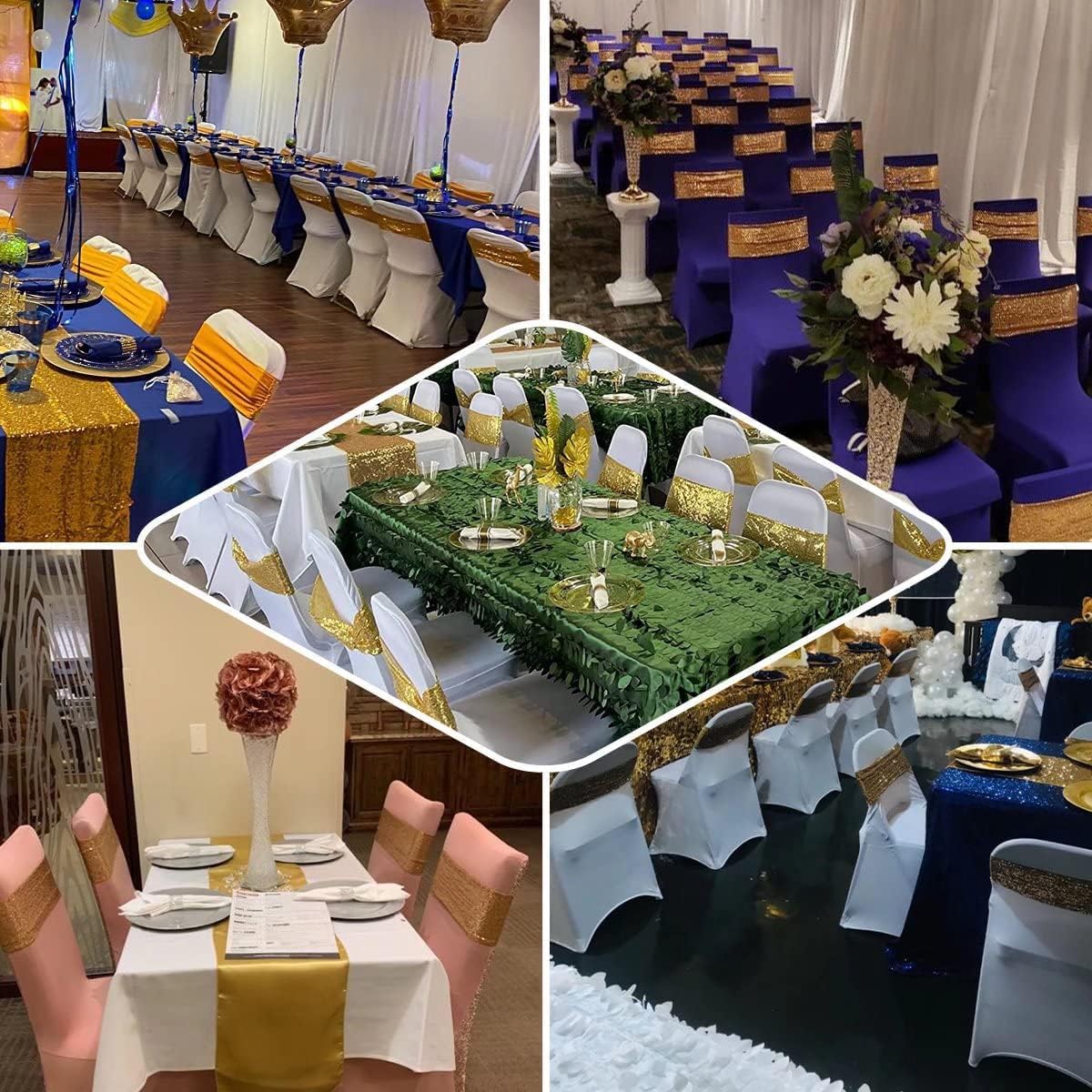 50 Pcs Sequin Chair Sashes Stretch Chair Bands Spandex Polyester Bows for Party Hotel Wedding