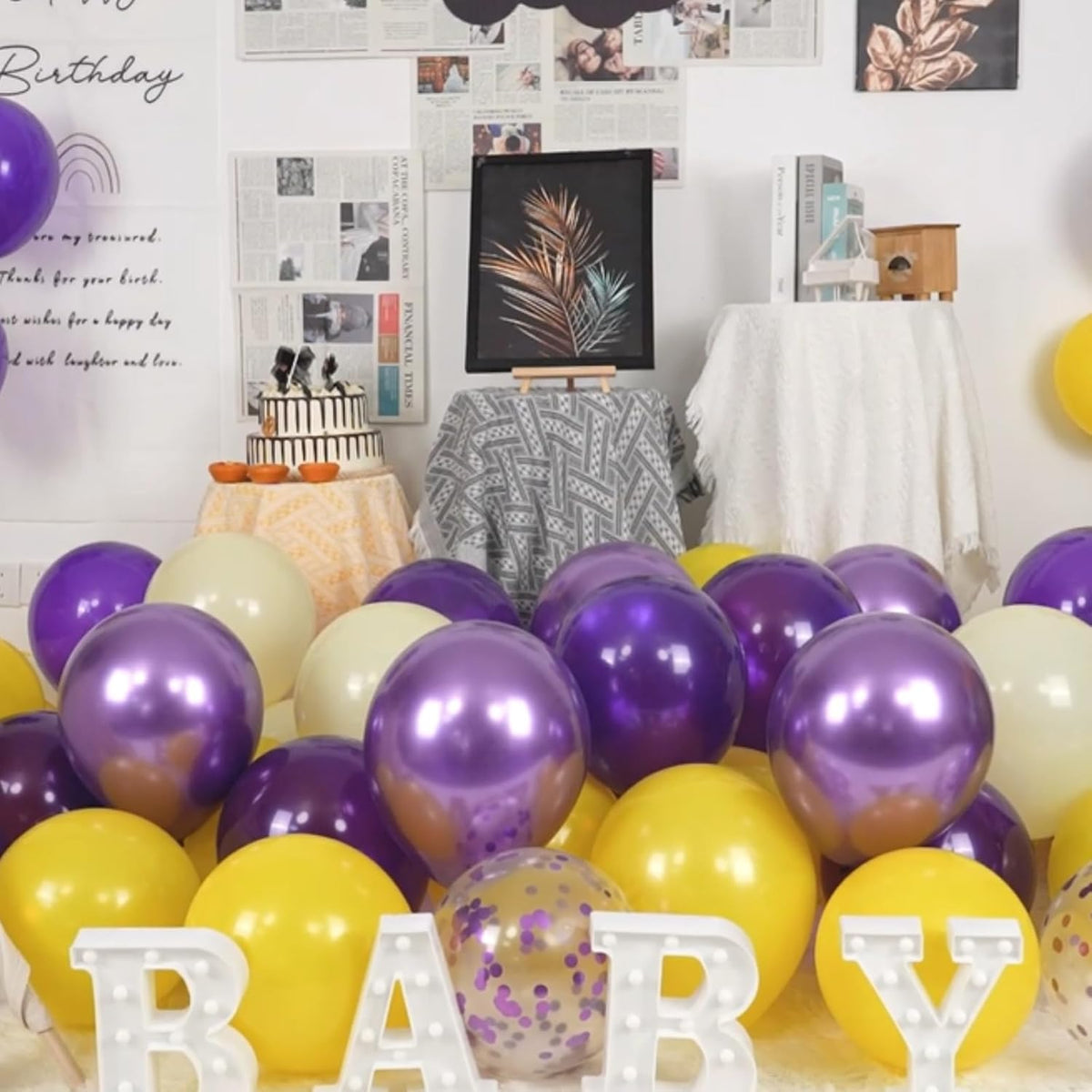 Paready Purple & Yellow Balloons Set - 50pcs, 12 Inch Light Yellow & Dark Purple Metallic Confetti