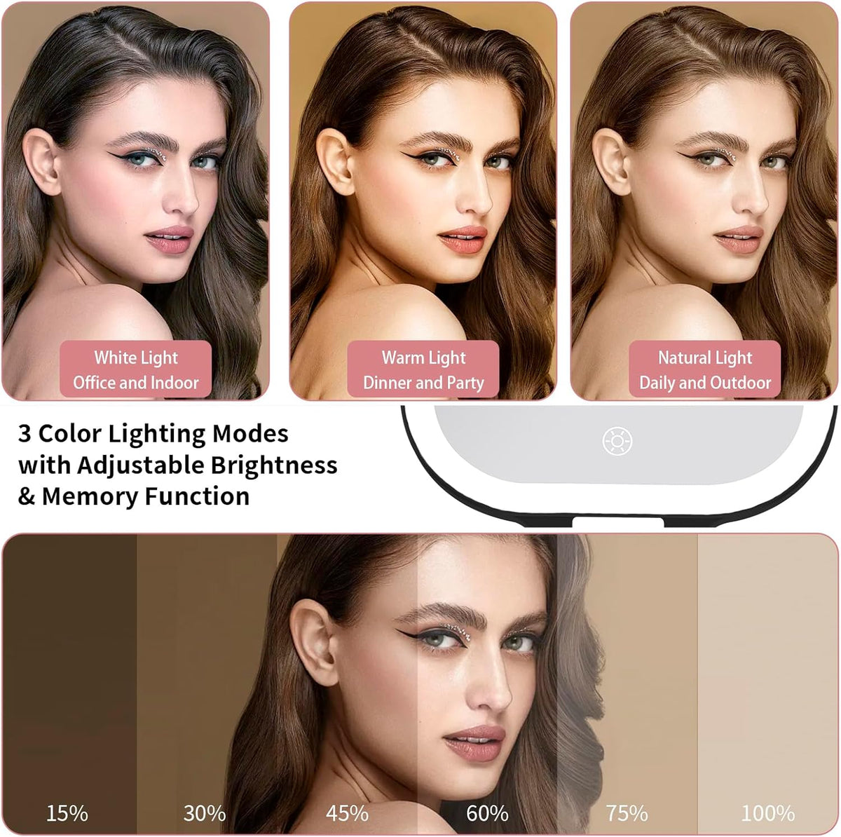 DESCHEN Rechargeable Travel Makeup Vanity Mirror with Lights and Magnification, Portable 1X/10X