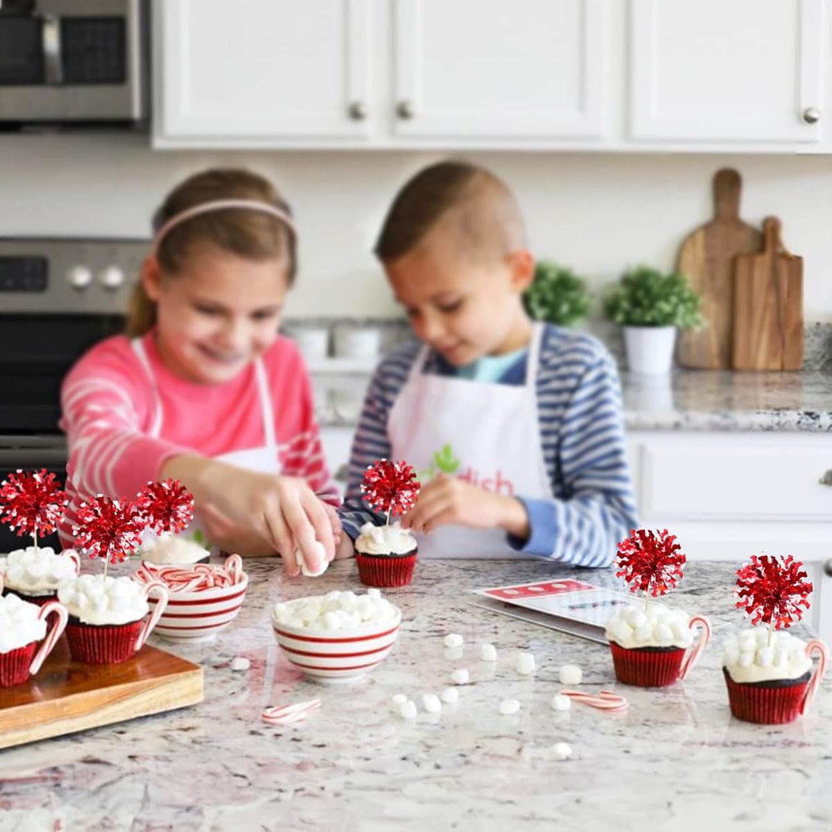 Ephlyn 30Pcs Foil Firework Cupcake Toppers Happy Birthday Cake Toppers Tinsel Flower Drink Stirrers