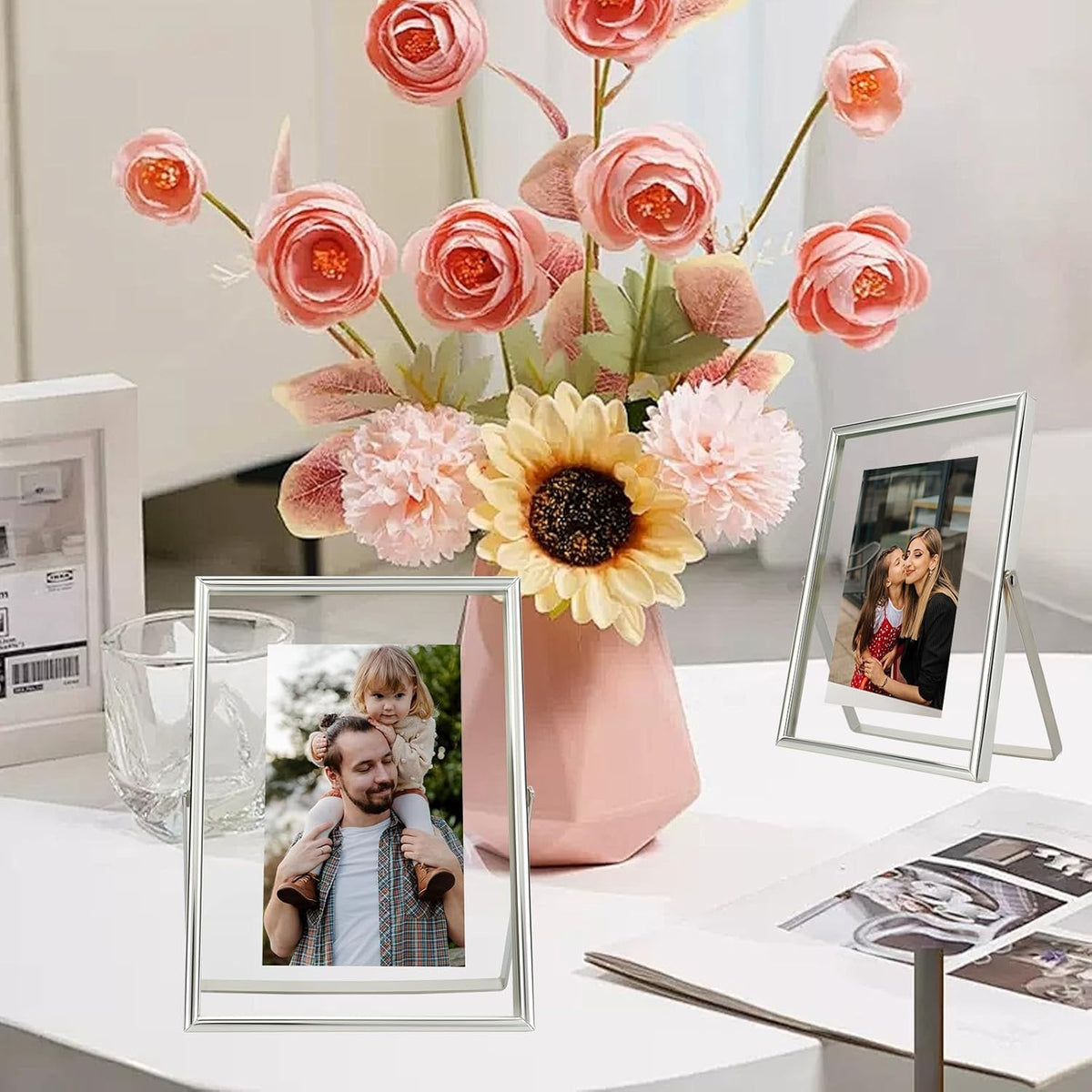 Silver Floating Frame (5"x7", Vertical), For Picture 4x6, 3.5x5, 2x3, Small Desktop Photo Frame