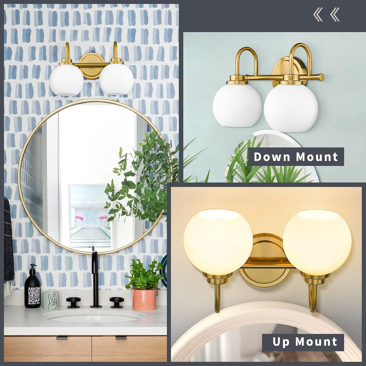 Gold Bathroom Vanity Light Fixtures, 2 Light Modern Over Mirror with White Milk White Globe Glass