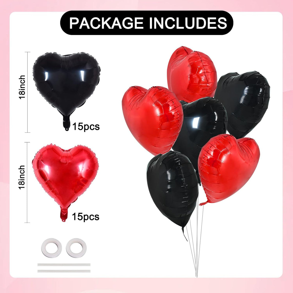 TONIFUL 30Pcs 18 Inch Red Black Heart Balloons Valentine’s Day Heart Shape Foil Mylar Balloons
