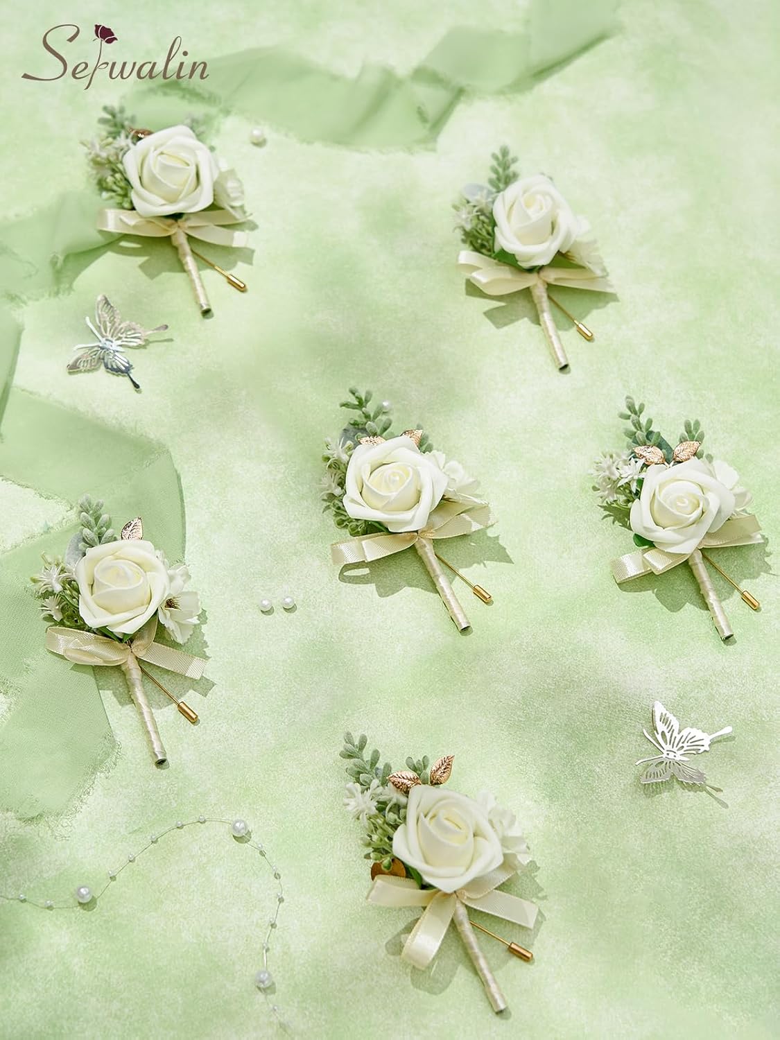 Serwalin 10Pcs Boutonniere for Men, White Groom and Best Man Boutonniere, Artificial Flowers for