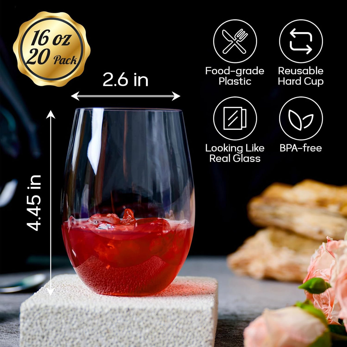 FOCUSLINE 20 Pack 16 Oz Plastic Wine Glasses, Stemless Plastic Wine Cups Heavy Duty, Unbreakable