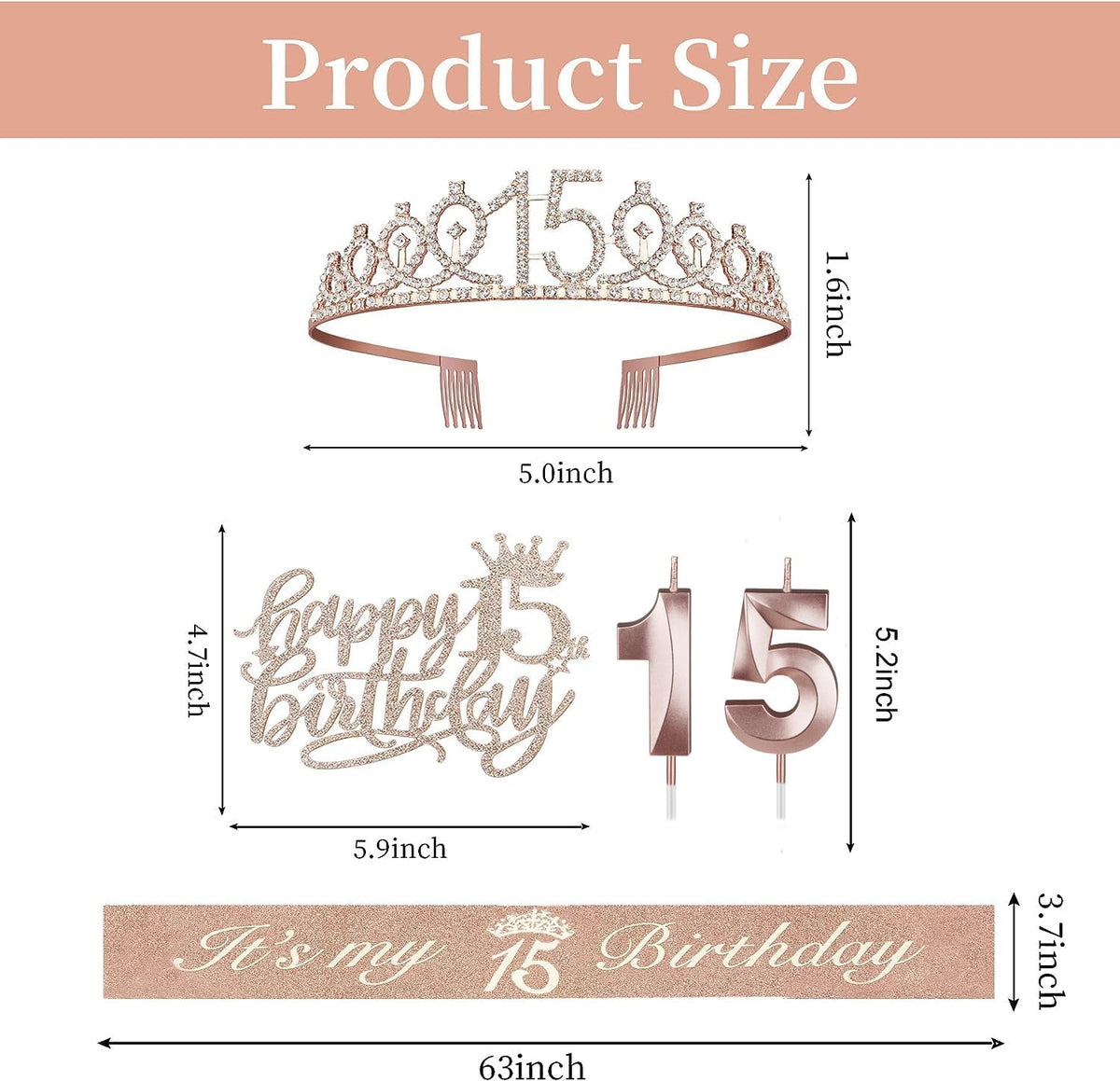 15th Birthday Decorations for Girls, Including Sash, Crown/Tiara, Candles, Cake Toppers. 15th