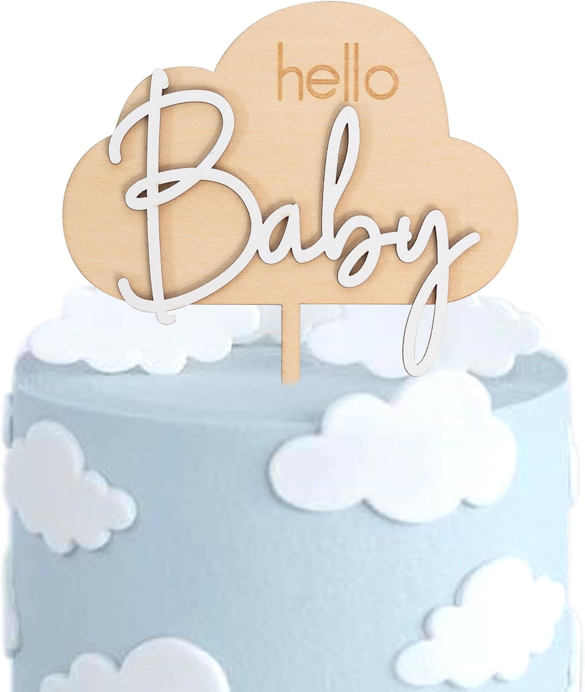 Hello Baby Wooden Cake Topper - Cloud Themed Baby Shower Party Cake Topper，Gender Reveal Party