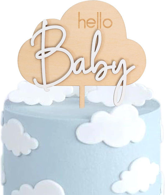 Hello Baby Wooden Cake Topper - Cloud Themed Baby Shower Party Cake Topper，Gender Reveal Party
