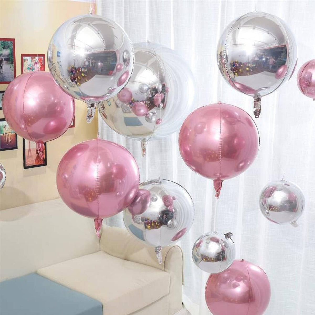 6 Pack Pearl Pink 22 Inch 4D Foil Balloons Big 360 Degree Round Sephere Mylar Balloons Mirror