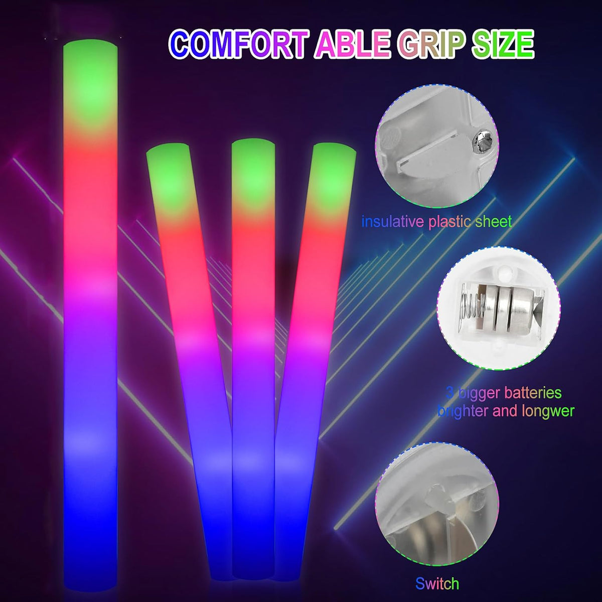 LifBetter 45 Pcs Glow Sticks Bulk- LED Foam Sticks in The Dark with 3 Modes Flashing Led Foam