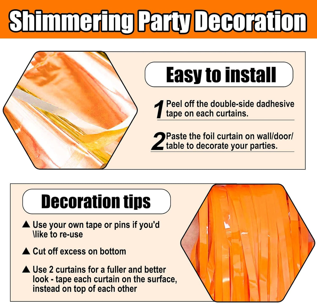 3 Pack Orange Foil Fringe Curtain Backdrop, 3.28Ft x 8.2Ft Metallic Tinsel Foil Fringe Streamer