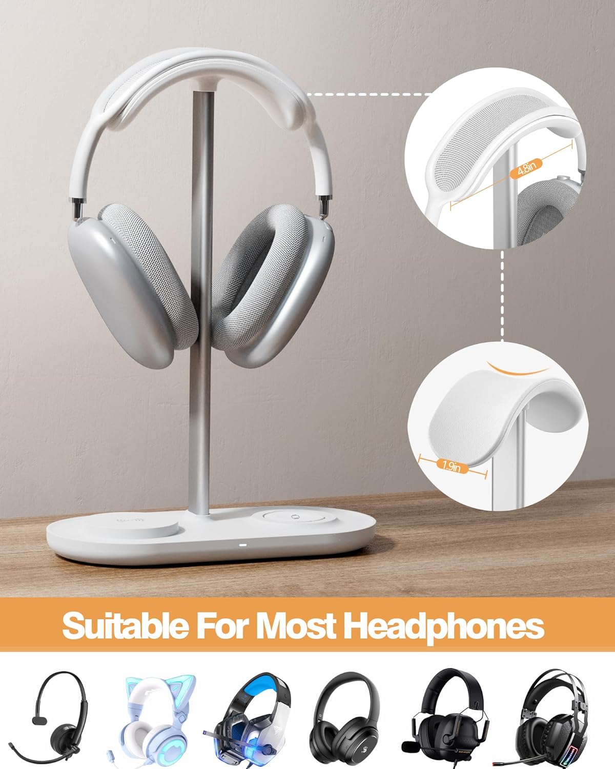 Universal Headphone Stand, Magnetic Wireless Charger for iPhones/AirPods/iWatch, Aluminum Alloy