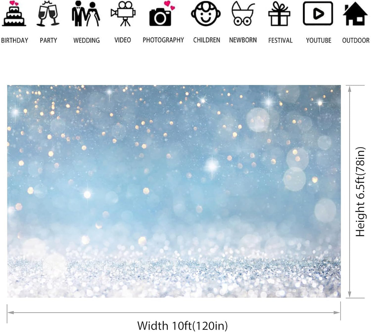 10x6.5ft Blue Bokeh (Not Glitter) Backdrops Birthday Party Abstract Golden Sparkling Spots
