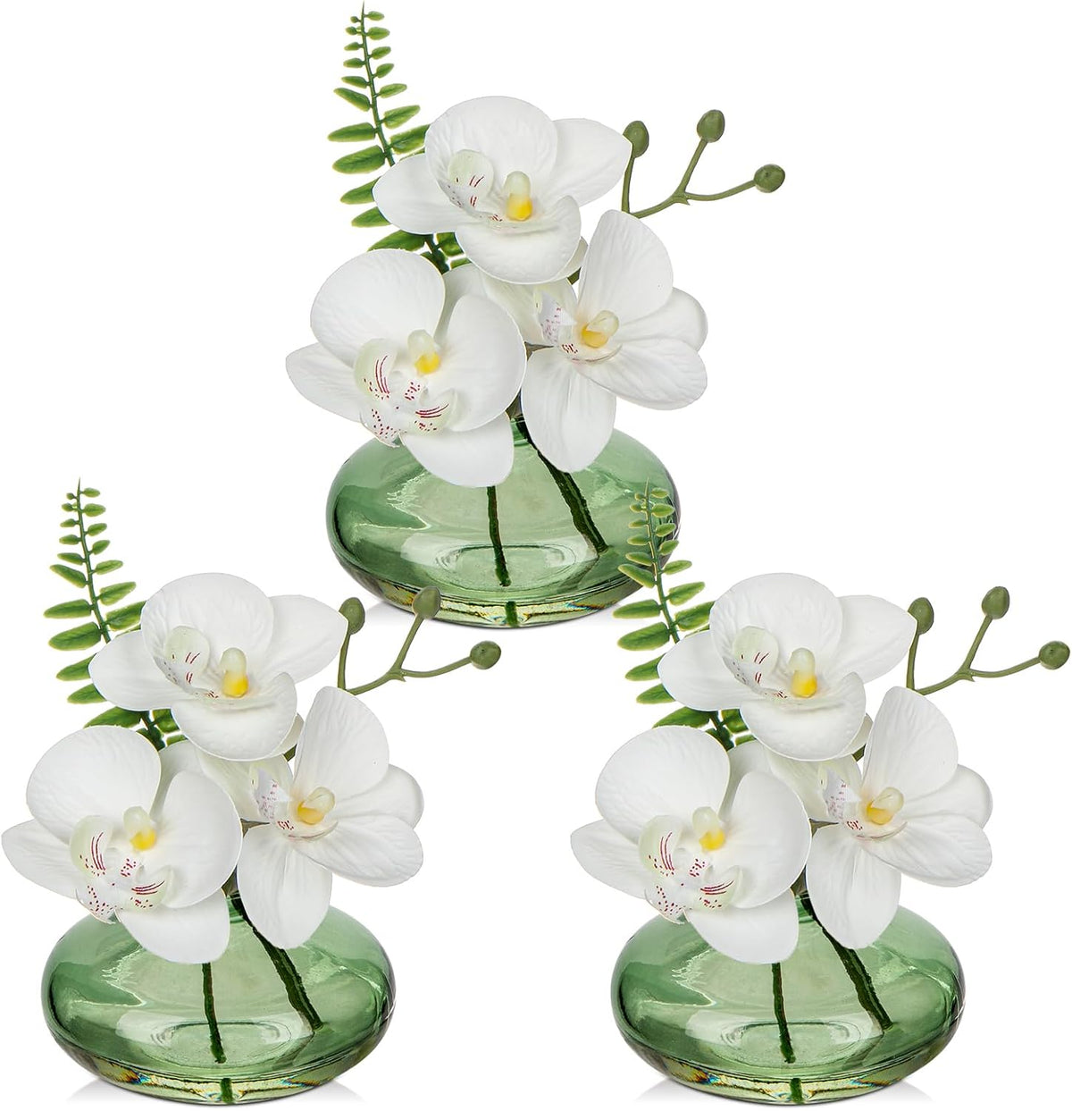 White Orchids Artificial Flowers Faux Orchids Arrangement in Light Green Glass Vases Set of 3 Real