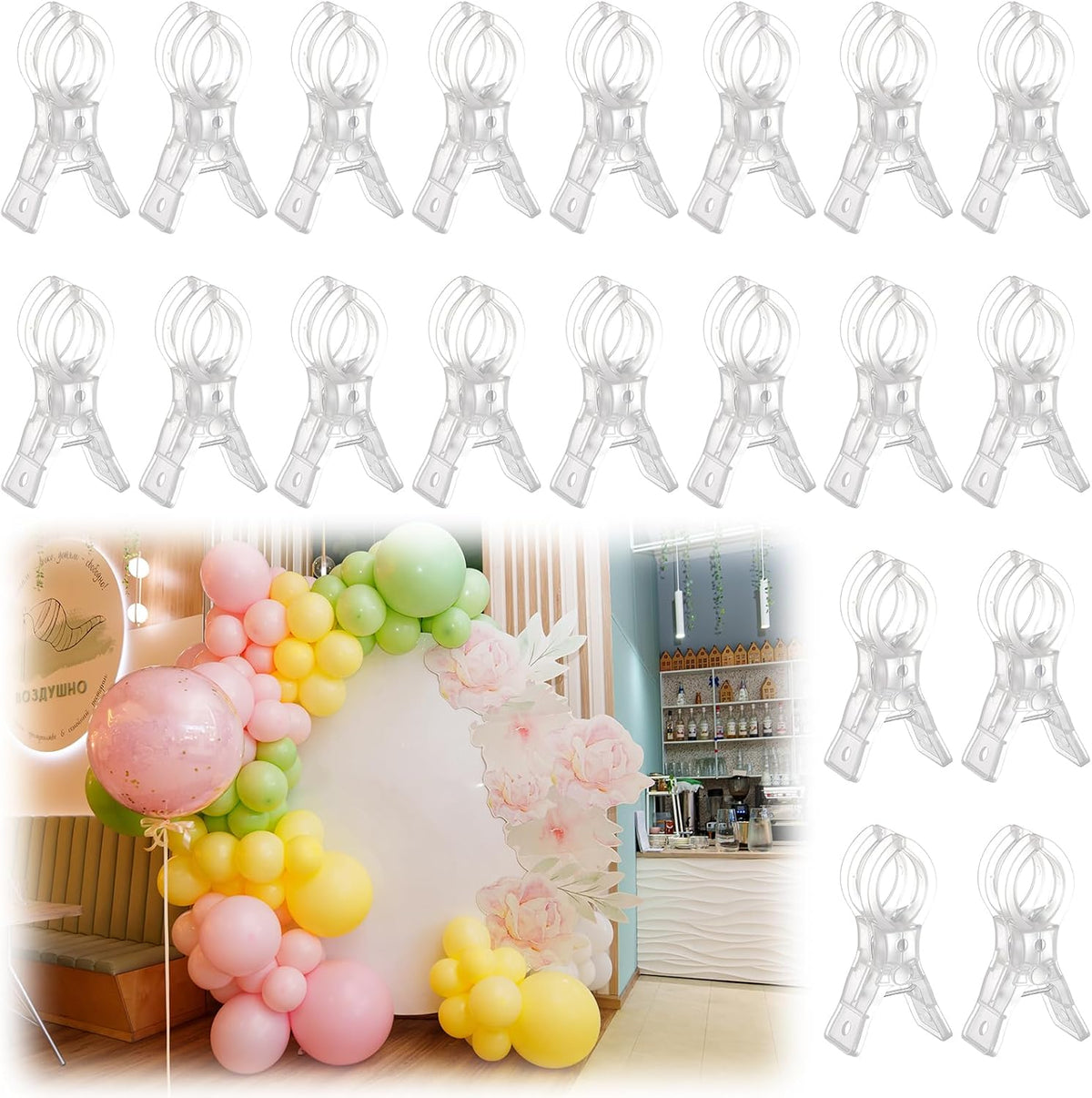 LemonRoad 20 Pack Large Balloon Arch Clips Plastic Transparent Backdrop Spring Clamps 3.5 Inch