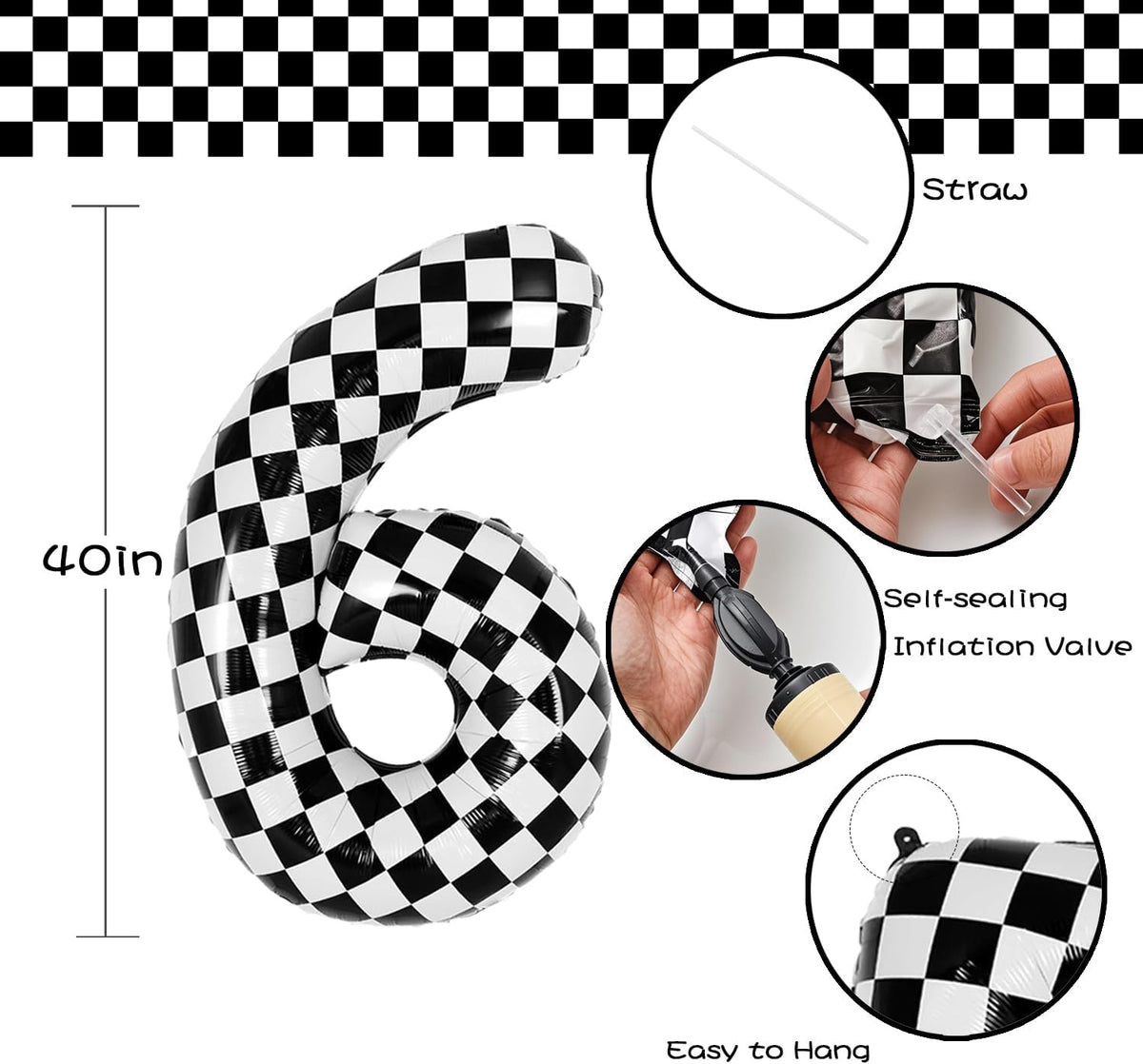40 Inch Checkered Number Balloon - Race Flag Pattern Big Helium Balloon for Birthday Party
