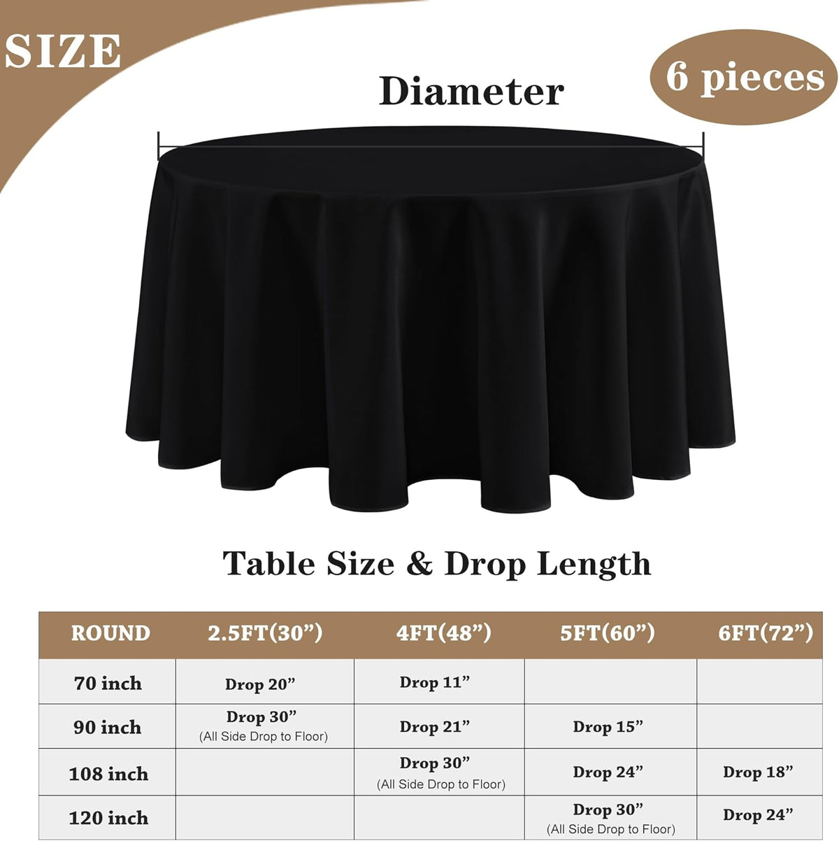 Fitable 6 Pack Black Round Table Clothes - 90 Inches in Diameter - Stain Resistant and Washable