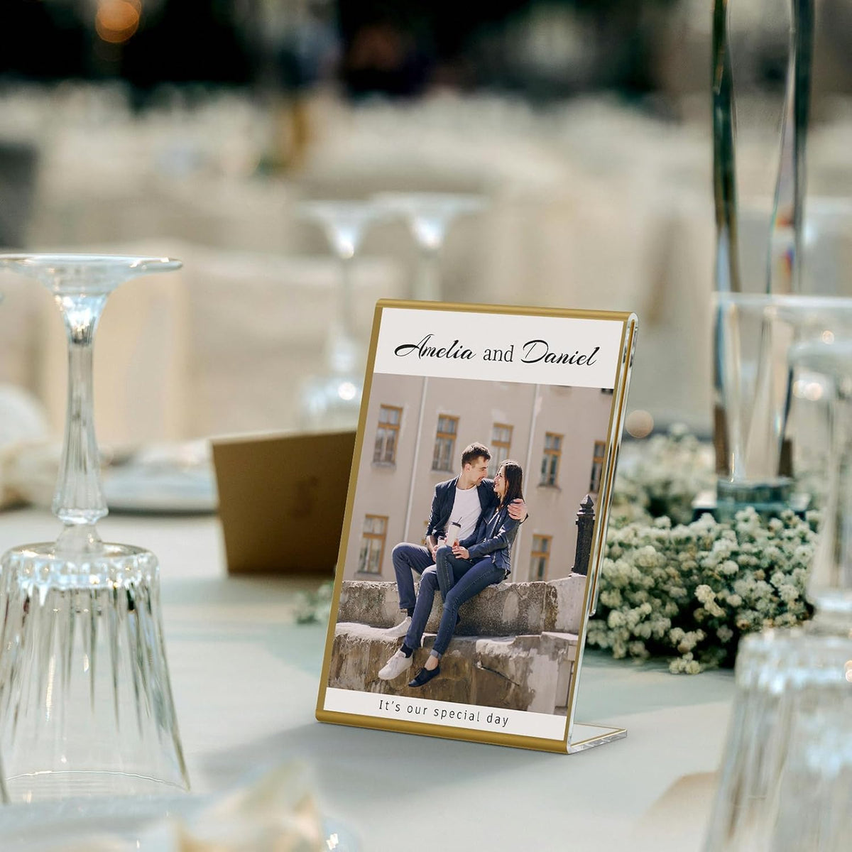 NIUBEE 6 Pack 5 x 7 Acrylic Gold Frame, Slanted Back Table Sign Holder for Wedding Table Numbers