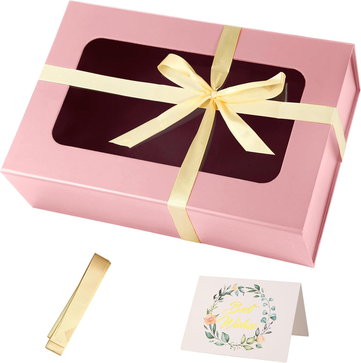TIACABO Pink Large Gift Box with Window, 13.5"x9"x4.3" Bridesmaid Boxe for Gifts Giving,Birthday