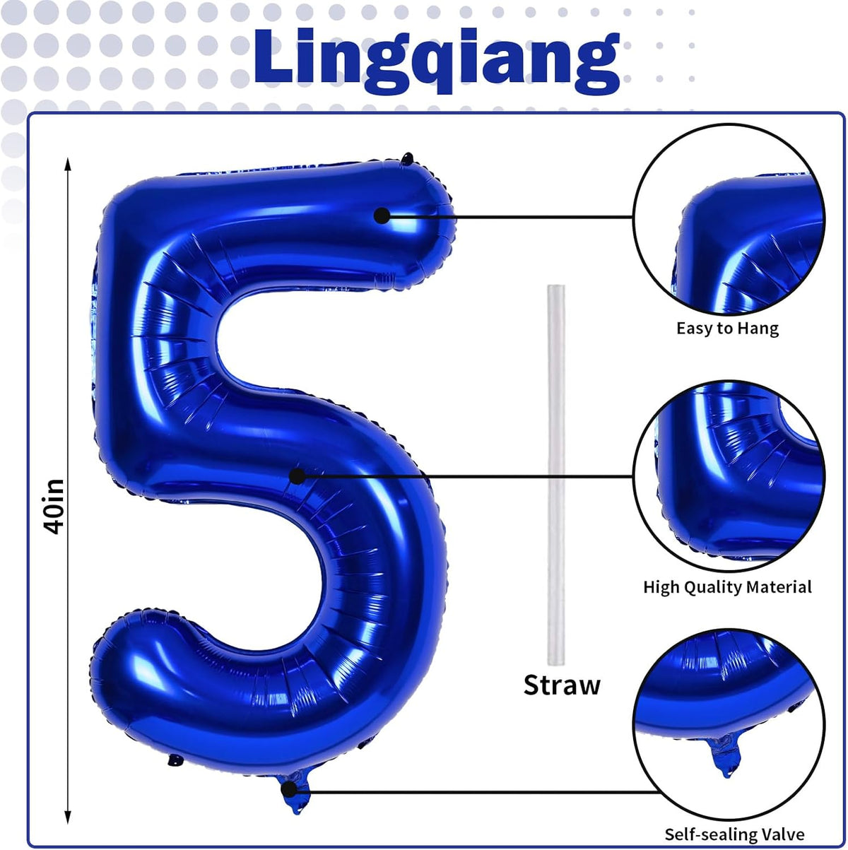 Navy Blue 5 Balloons, 40" Giant Helium Foil Number 0-9 Dark Blue Birthday Balloon for Boys, Self