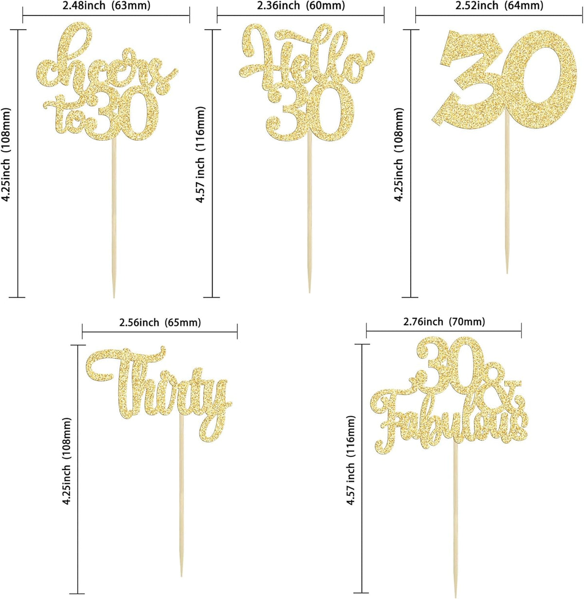 30Pcs Happy 30th Birthday Cupcake Toppers Gold Glitter Thirty Cheers to 30 Birthday Cupcake Picks