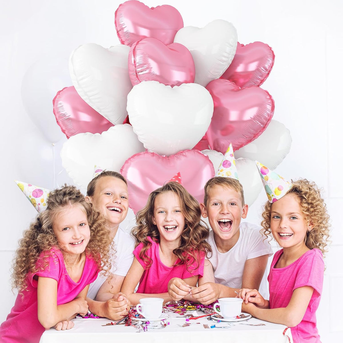 Pink White Heart Balloons,12Pcs Light Pink Heart Shaped Foil Balloons,18Inch White Helium Polyester