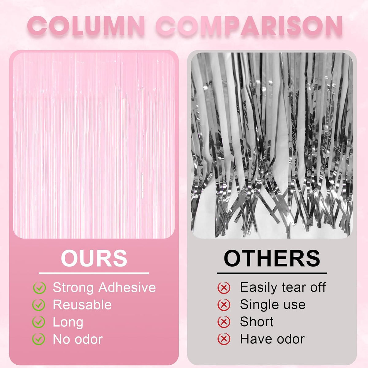 2 Pack Pastel Pink Tinsel Foil Fringe Curtains, Pink Party Decorations, Metallic Tinsel Party