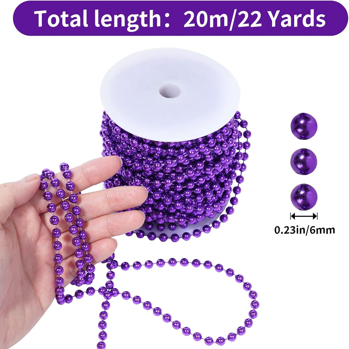 Faux Purple Pearl Beads Garland - 6mm Christmas Tree Beads 22 Yards Spool Pearl String Roll for