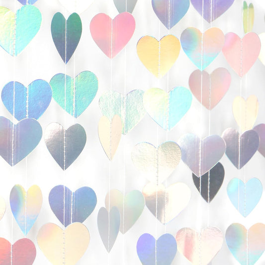 Iridescent Disco-Holographic Heart Garland - 52Ft Wedding Hanging Decoration Neon Streamers Banner