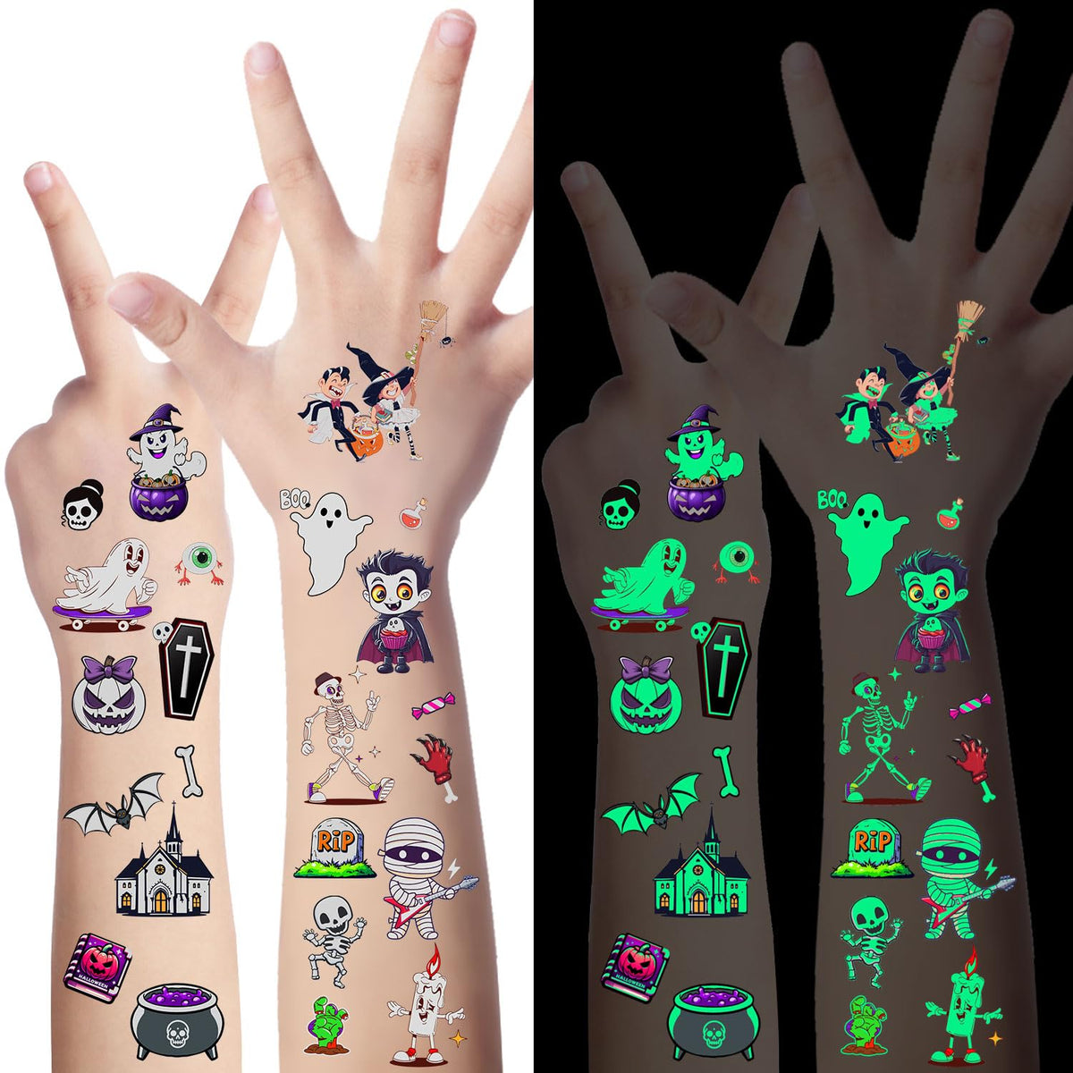 LOMIMOS 320PCS Glow in The Dark Halloween Temporary Tattoos for Kids, Waterproof Scary Removable
