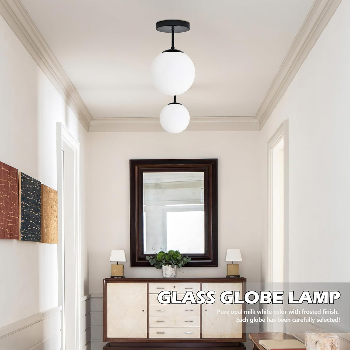 8" Black Semi Flush Mount Ceiling Light Fixture Milk Glass Globe Ceiling Light Fixtures Hallway